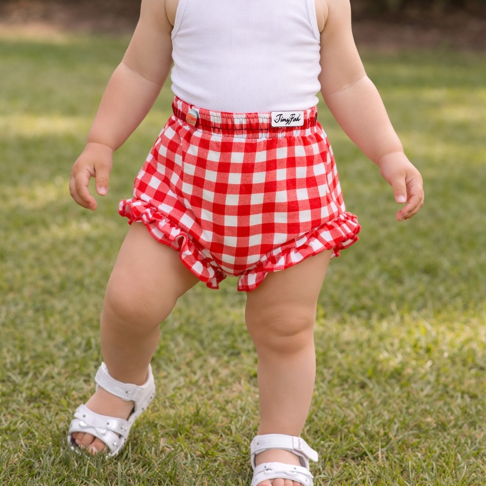 Trendy Boutique Red & White Gingham Cotton Ruffle Shorts Cover Modesty